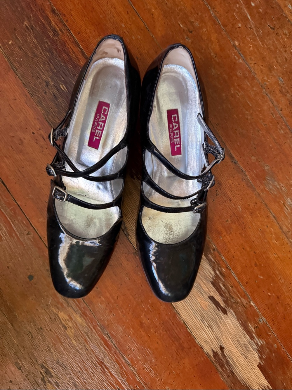 Carel Paris Black Patent Triple-Strap Kina Heels